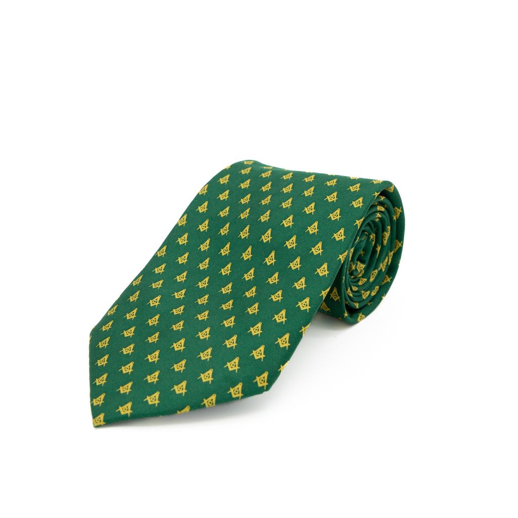 Green tie with yellow Square and Compass pattern on a white background