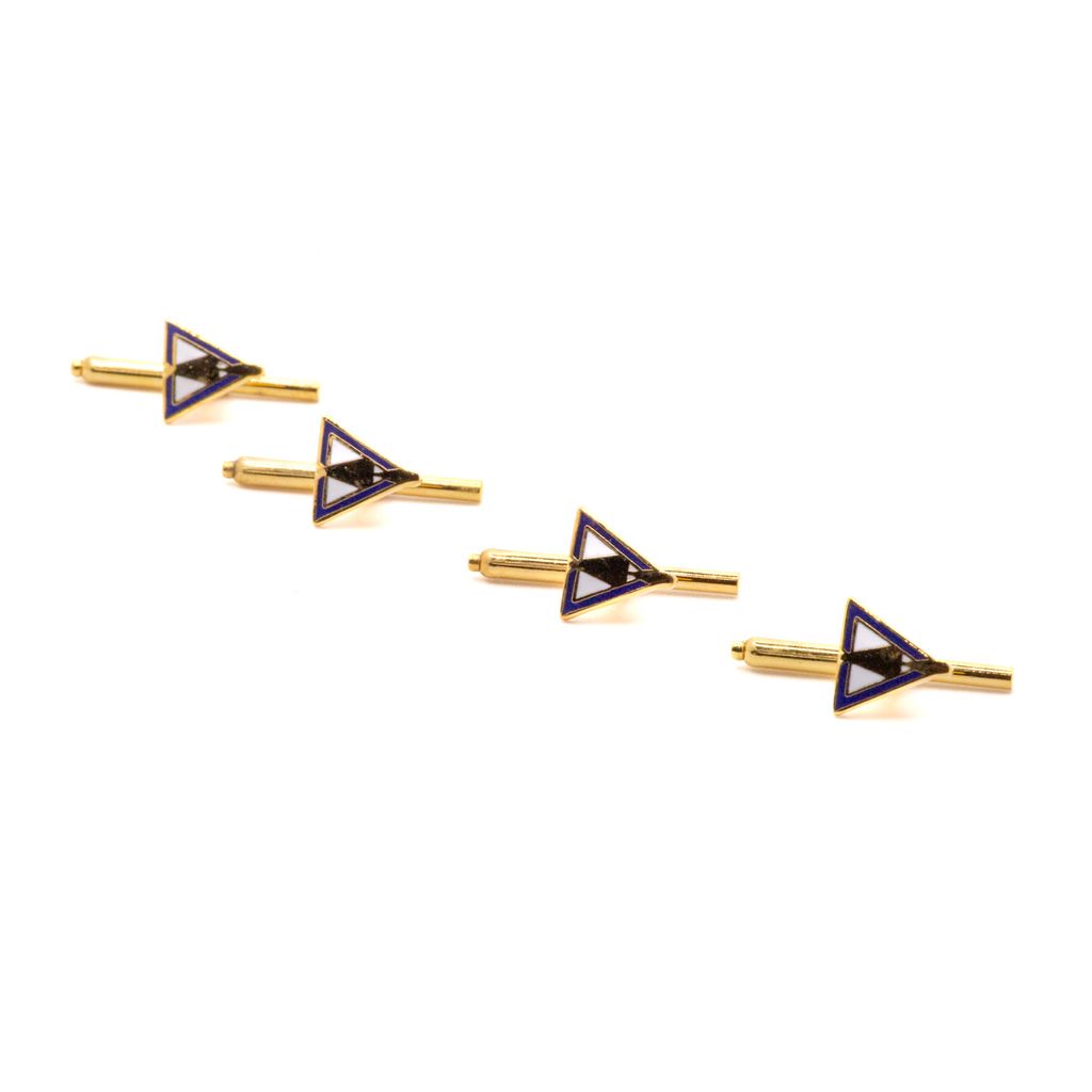 Set of triangle-shaped cufflinks with gold, navy and black design on a white background