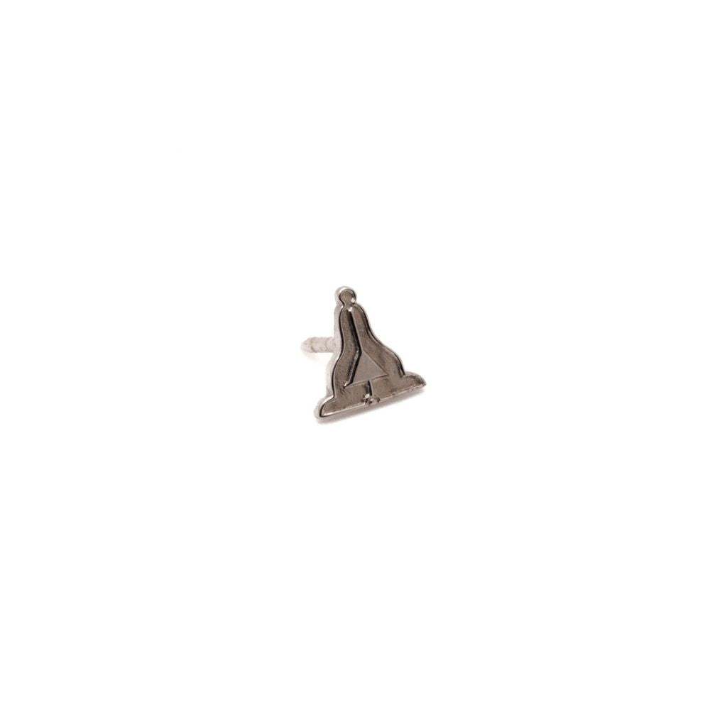 Small silver triangular lapel pin on a white background