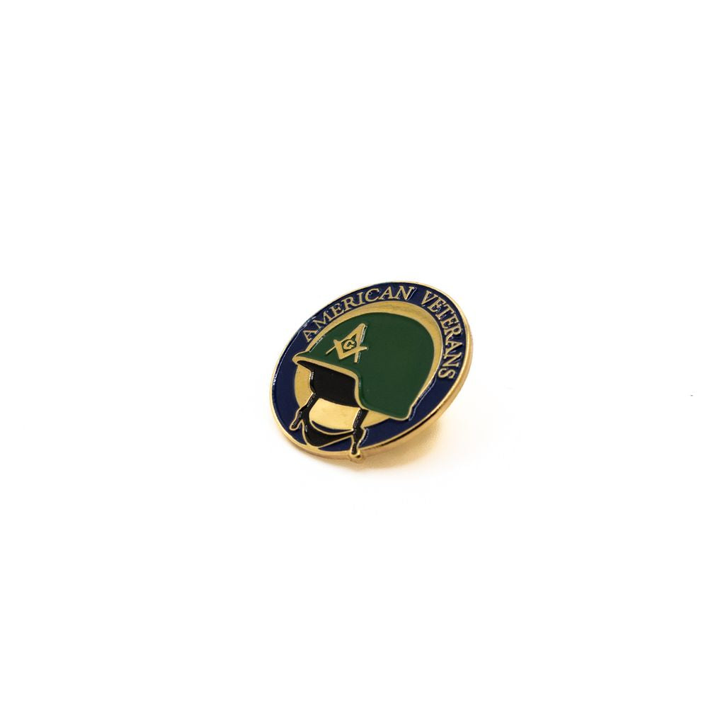 Pin with 'American Veterans' text featuring military helmet with square and compass on a white background