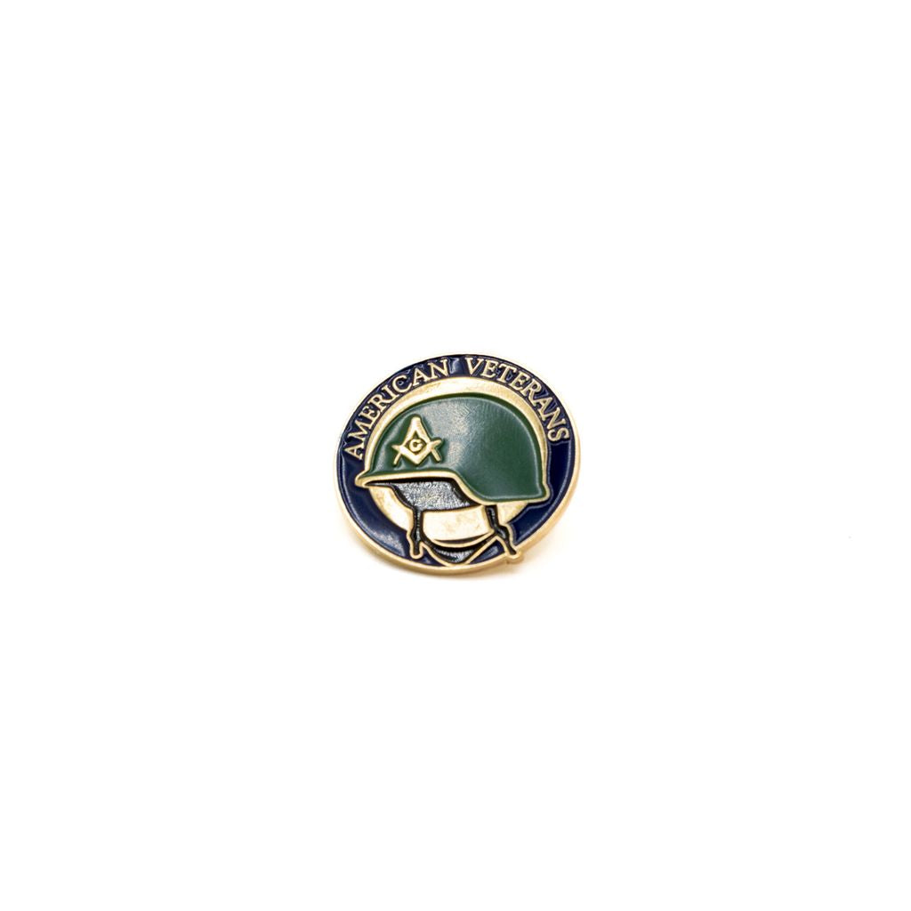 Pin with green helmet with Square and Compass and 'American Veterans' text on a white background