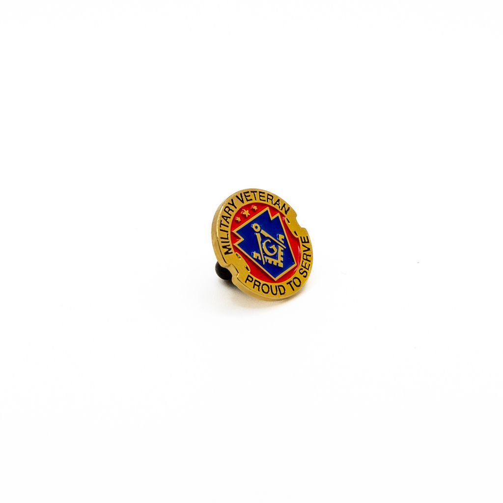 Pin with 'Military Veteran Proud to Serve' text and Square and Compass design on a white background