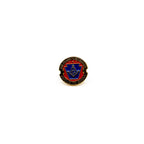 Masonic lapel pin with Square and Compass design with text reading "Military Veteran Proud to Serve" on a white background