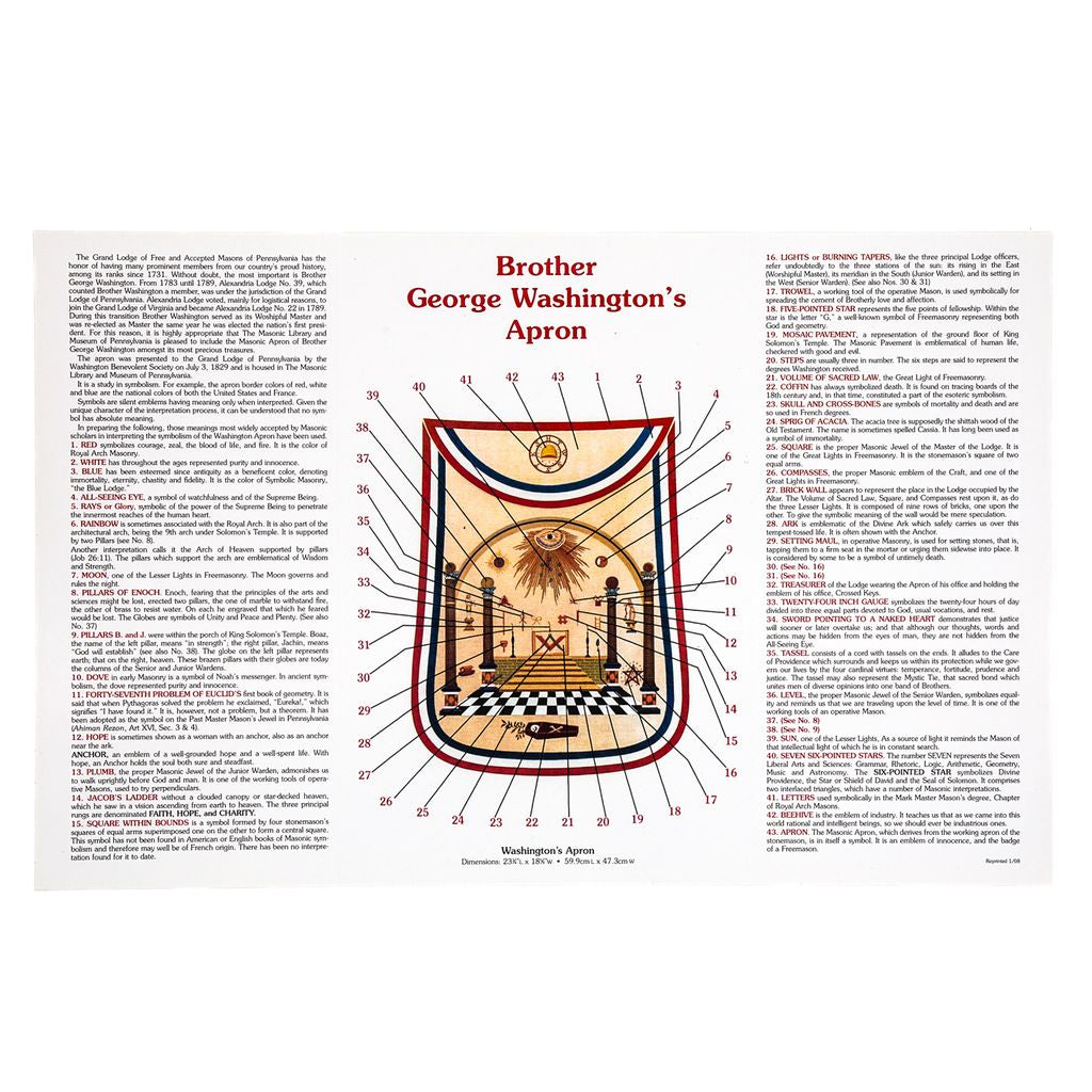 Poster of Brother George Washington's Apron design with detailed diagram and text on a white background