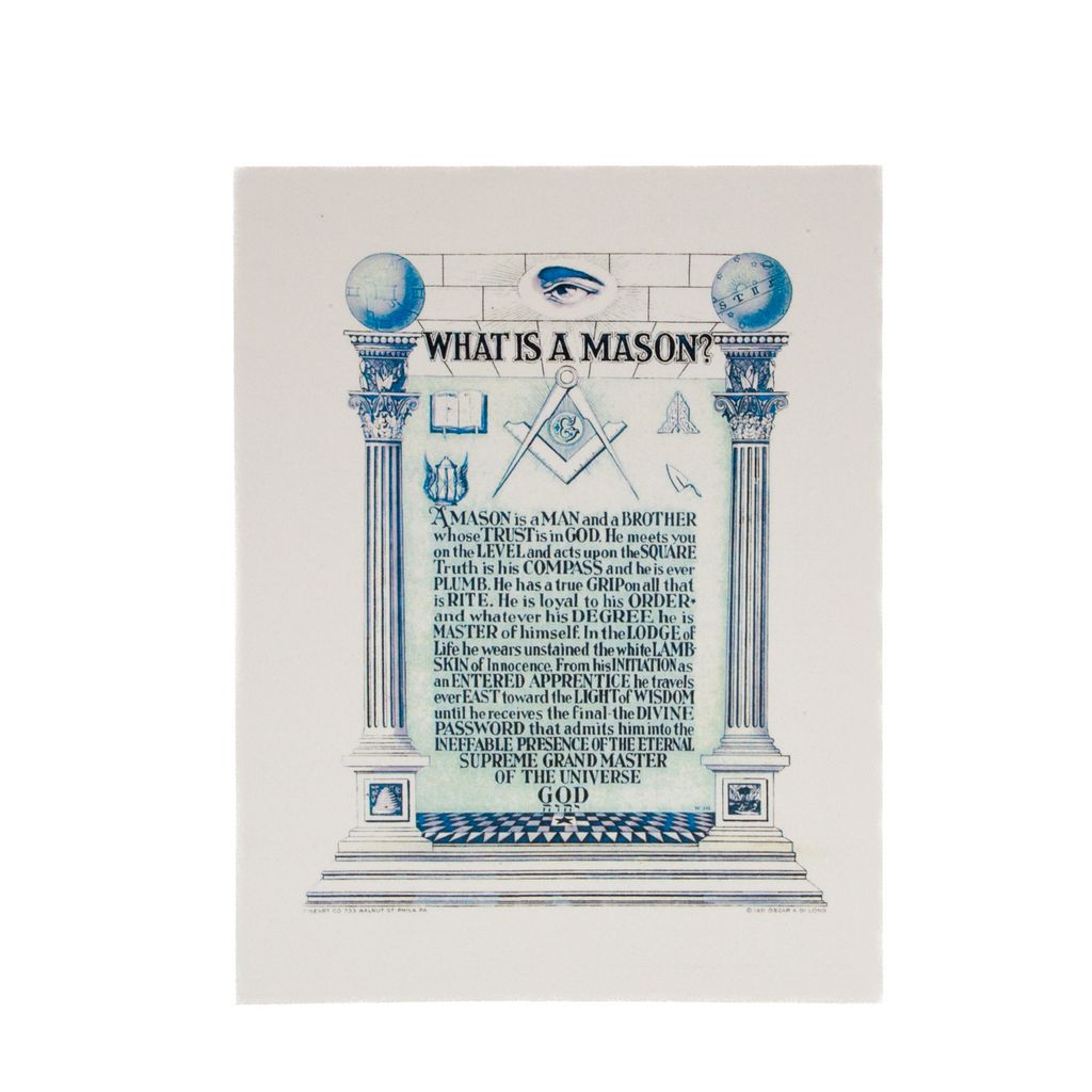 Poster titled "What is a Mason" with description of masonic principles on a white background