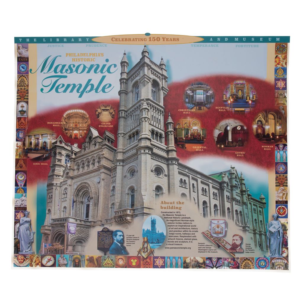 Poster of the Masonic Temple with architectural details and decorative elements.