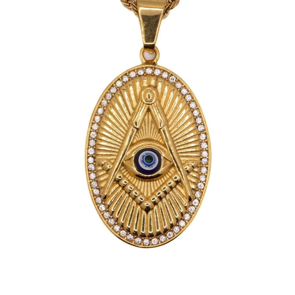 Gold pendant with eye design and Square and Compass on a white background