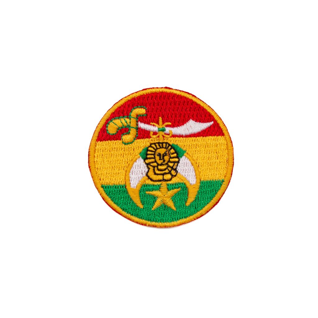 Circular patch with a lion and sword emblem on a white background