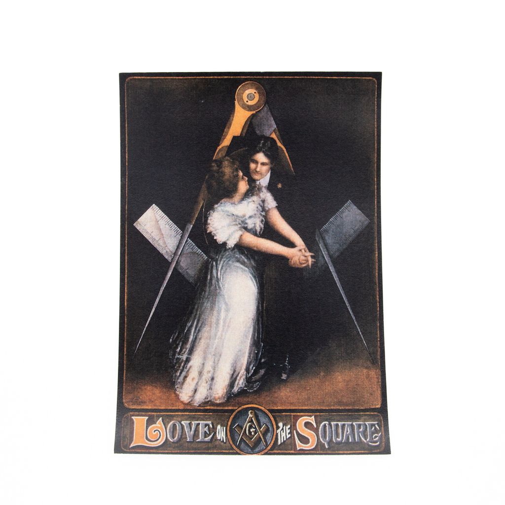 Print of Victorian painting with a woman holding hands with man with a large square and compass behind them, text reads 'Love the Square' on a dark background