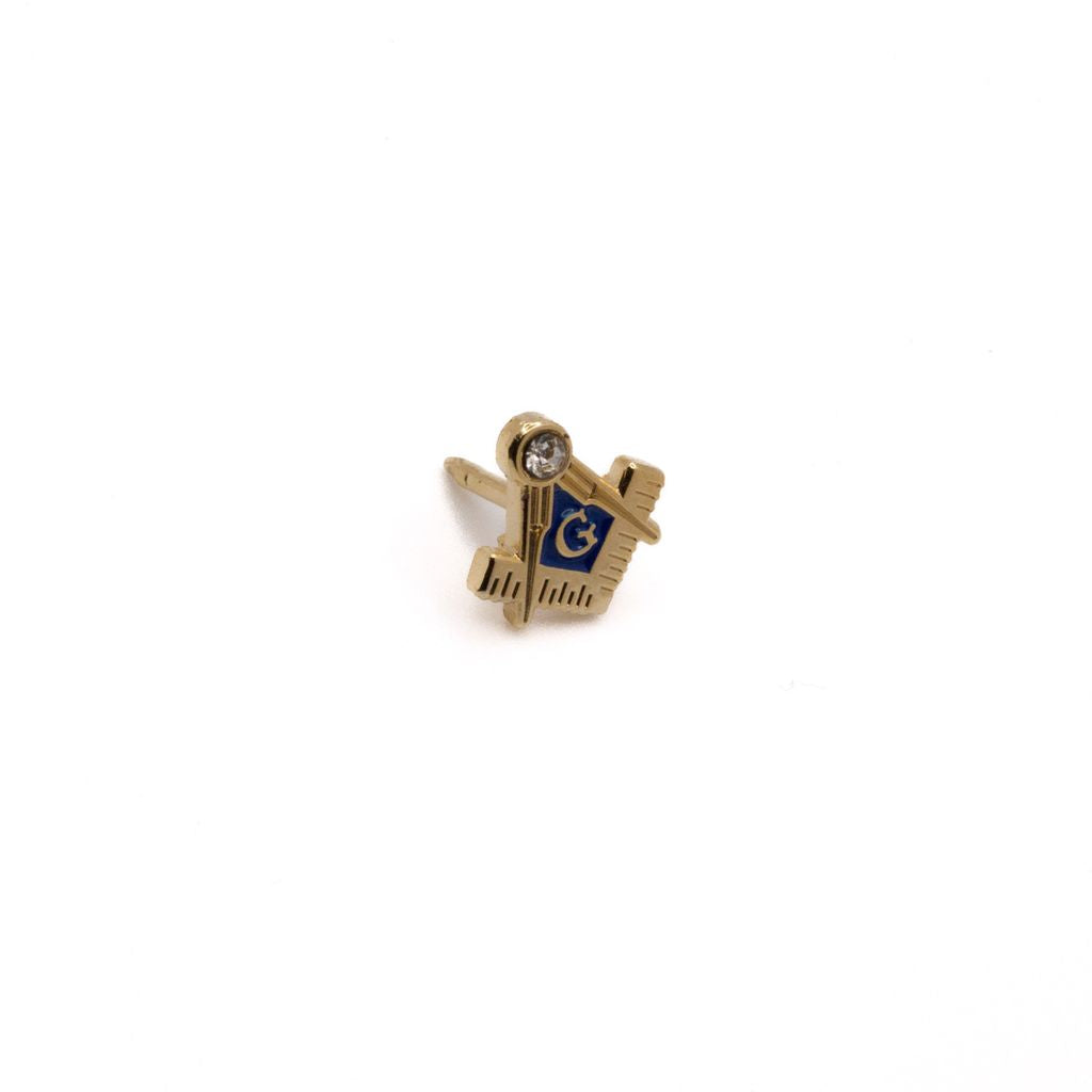 Lapel pin with cutout of Square and Compass with gold and blue accents. 