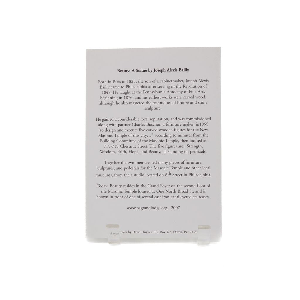 Back of notecard with information about a statue by Joseph Alexis Bally on a white background