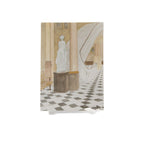 Notecard featuring statue in a classical hallway with columns and a checkered floor.