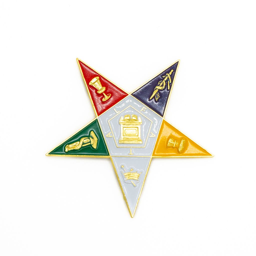 Multicolored cutout of Order of the Eastern Star emblem with symbols on a white background