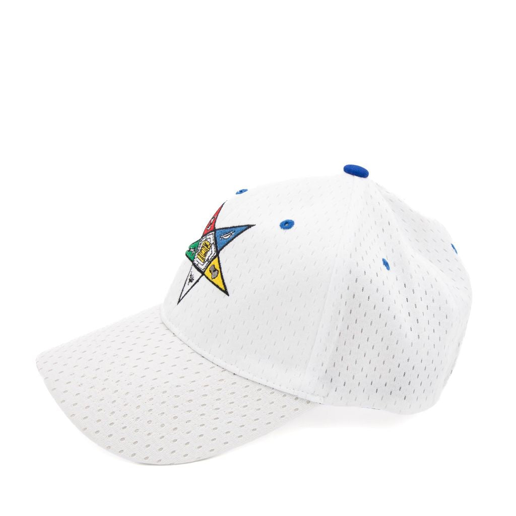White baseball cap with colorful Order of  the Easter Star logo on a white background