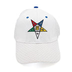 White baseball cap with colorful Order of  the Easter Star logo on a white background