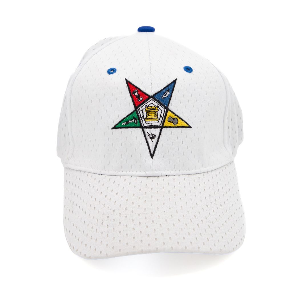 White baseball cap with colorful Order of  the Easter Star logo on a white background