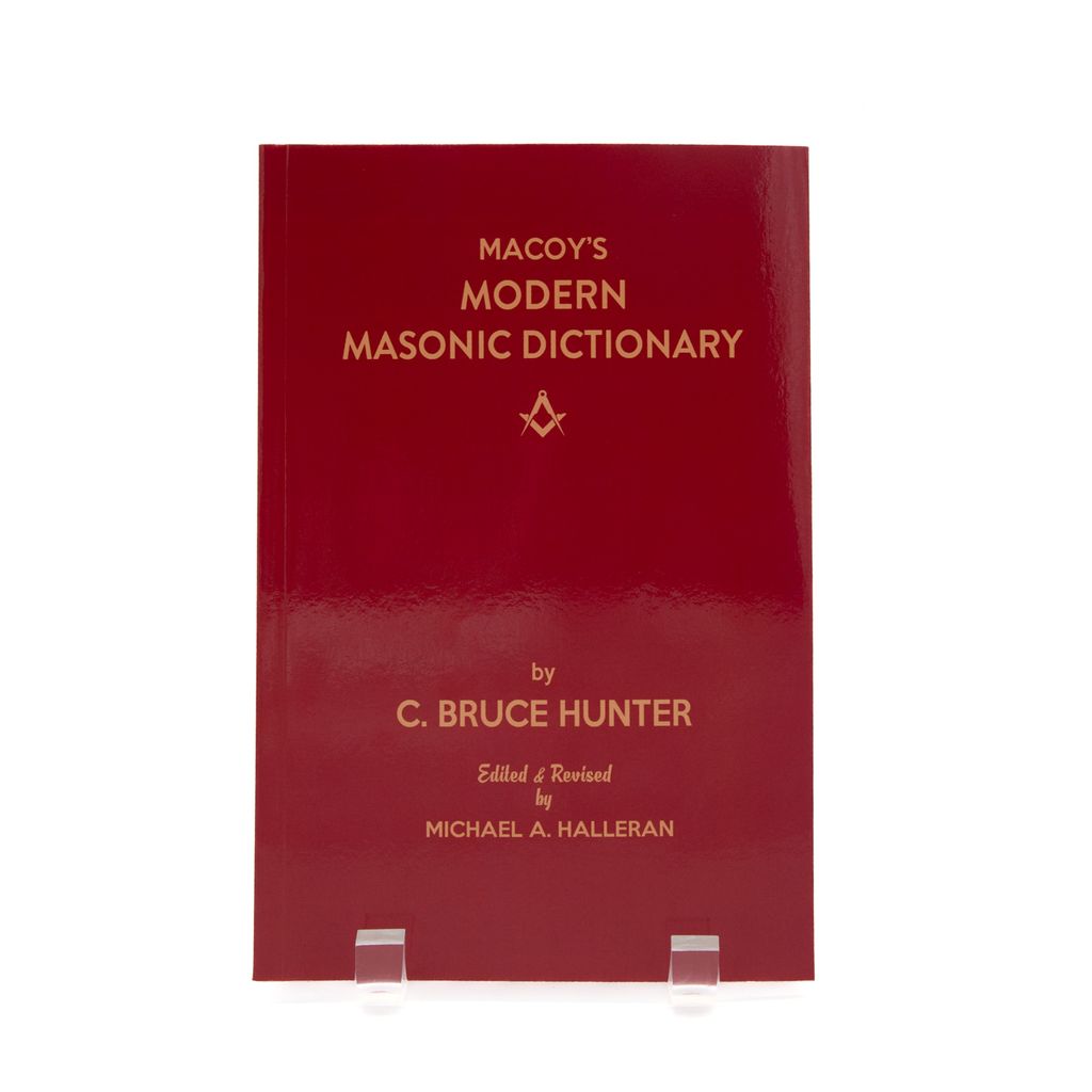Red book titled 'Macoy's Modern Masonic Dictionary' by C. Bruce Hunter on a white background