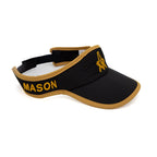 Black visor with gold trim, square and compass design and 'MASON' text on a white background