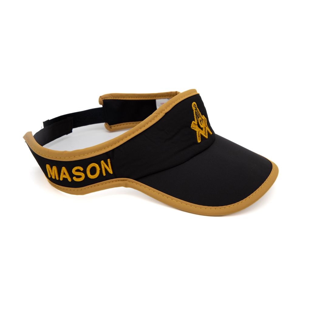 Black visor with gold trim, square and compass design and 'MASON' text on a white background