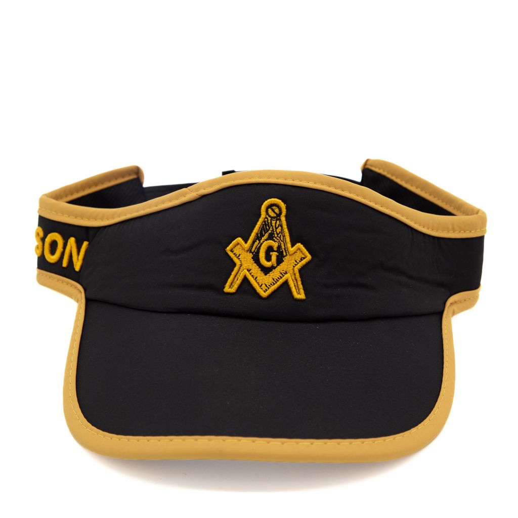 Black visor with yellow border and square and compass on a white background
