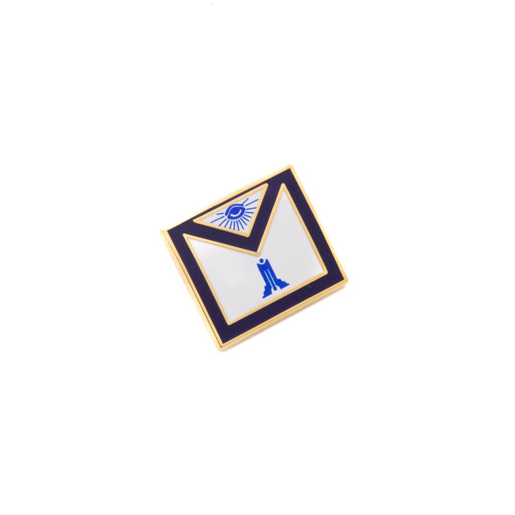 Masonic apron shaped pin with blue and gold accents on a white background