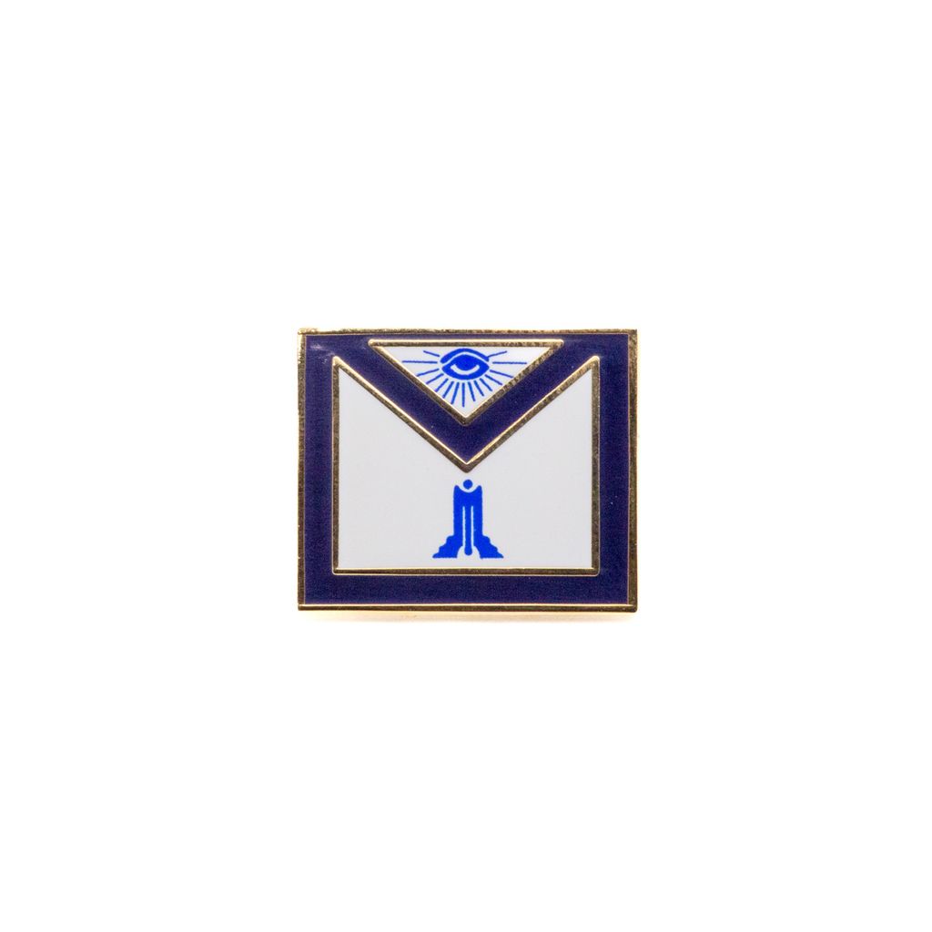 Masonic apron shaped pin with blue and gold accents on a white background