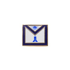 Masonic apron shaped pin with blue and gold accents on a white background