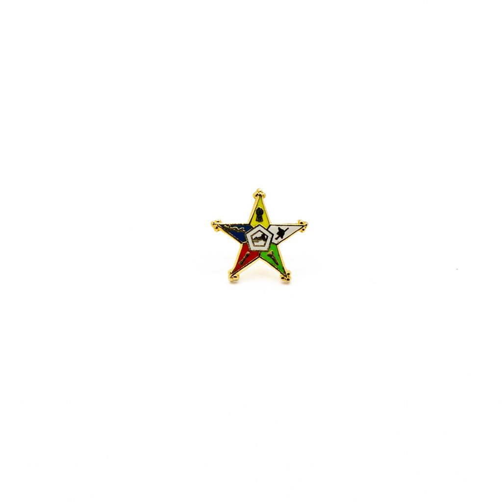 Multi colored star-shaped pin on a white background