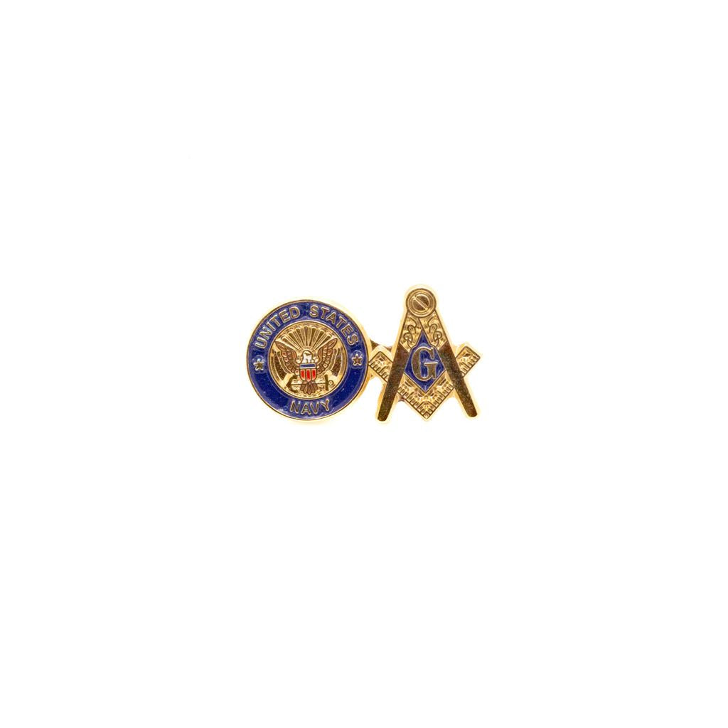 Pin with emblem of United States Navy and Square and Compass side by side. 