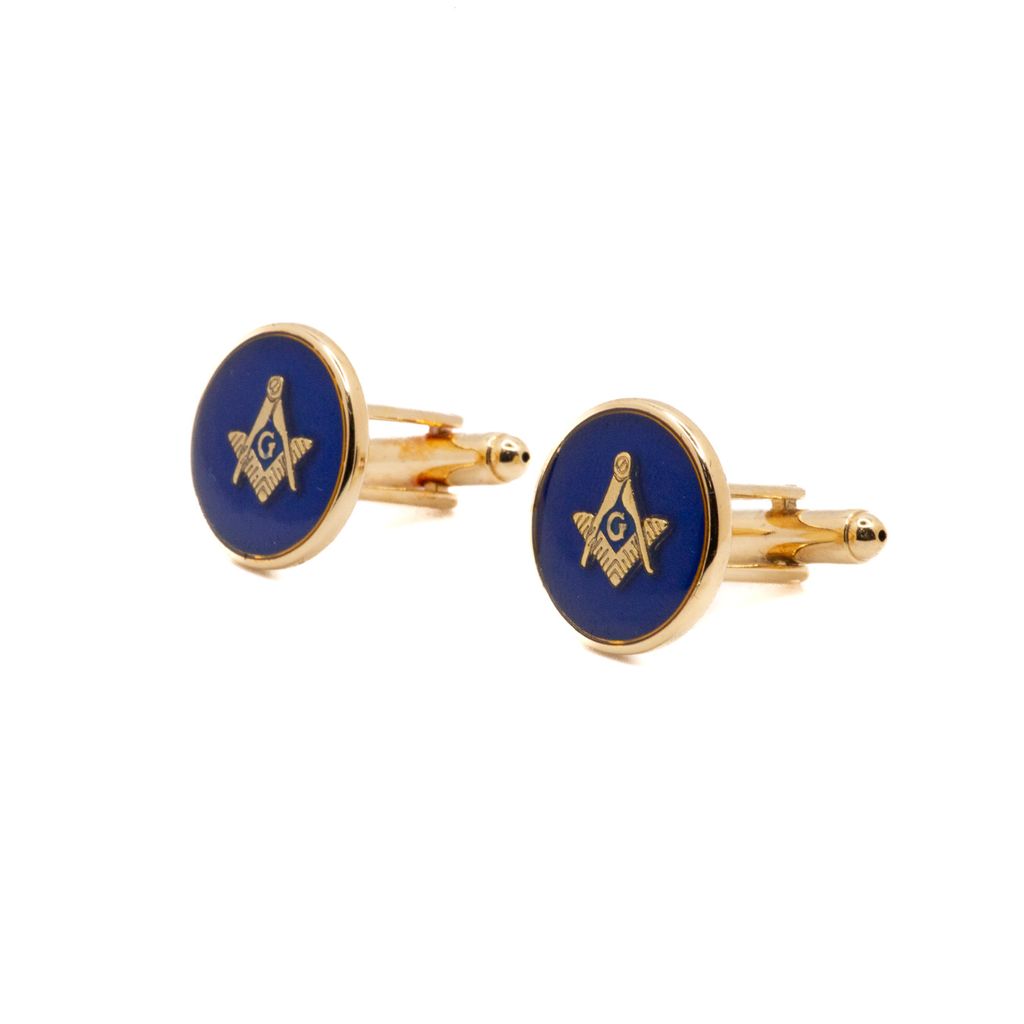 Masonic cufflinks with gold square and compass on a blue background.