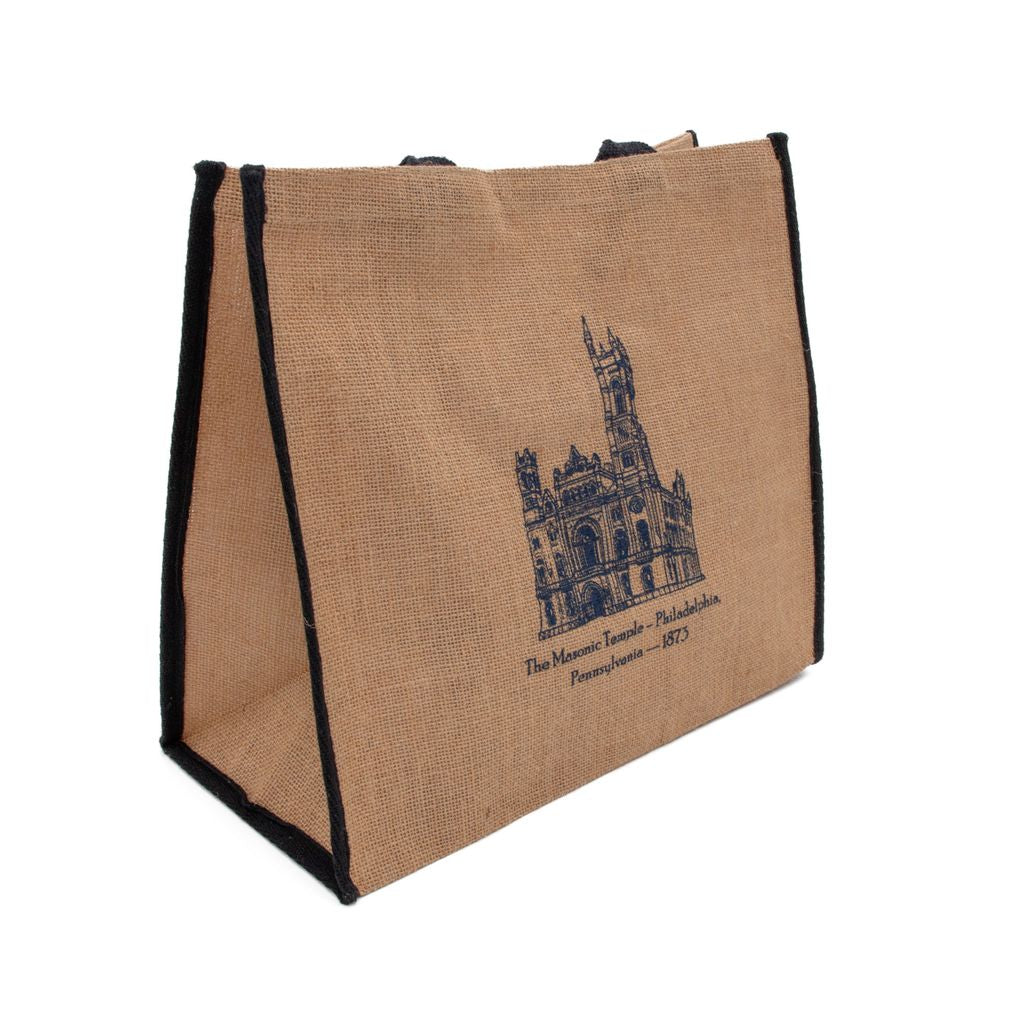 Brown tote bag with black piping and blue outline of the Masonic Temple. 
