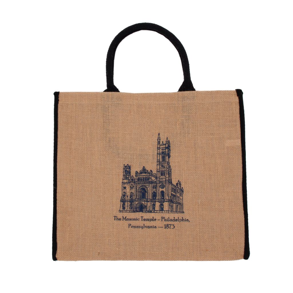 Brown tote bag with black piping and handle and blue outline of the Masonic Temple. 