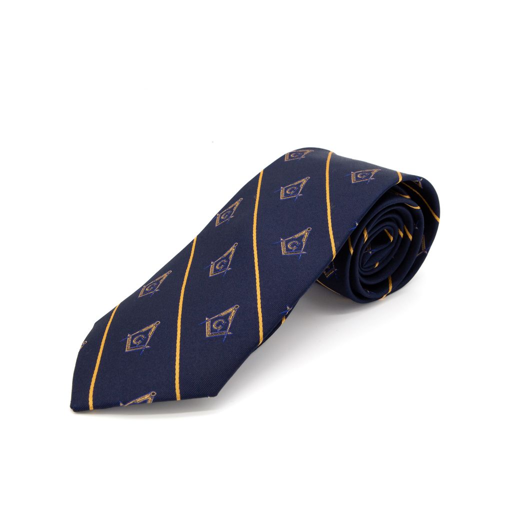 Navy blue tie with gold square and compass patterns on a white background
