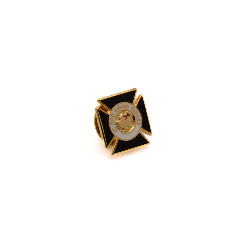 Gold and black lapel pin on a white background