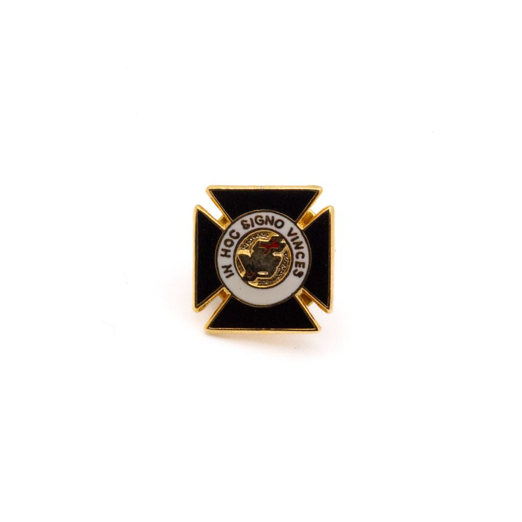 Gold and black lapel pin on a white background