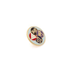 Round pin with multicolored masonic symbols on a white background
