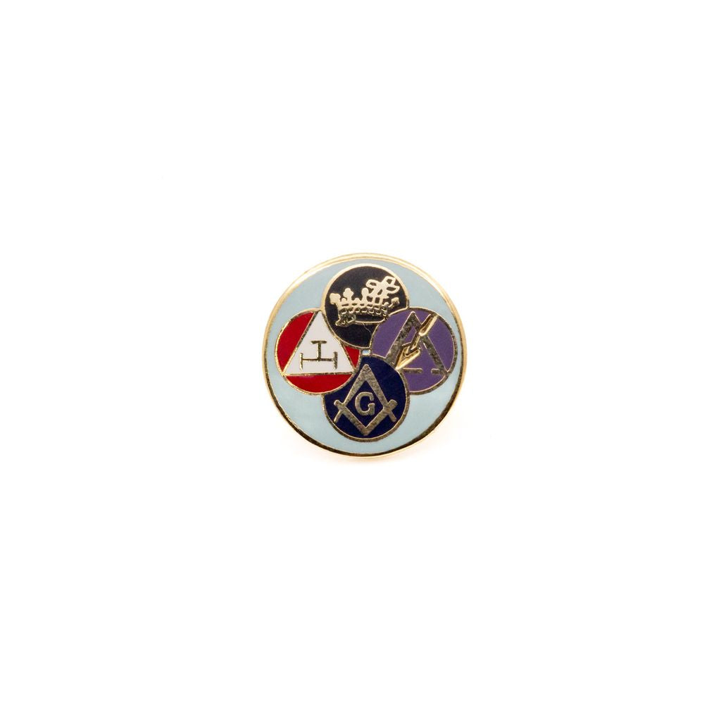 Round pin with multicolored masonic symbols on a white background