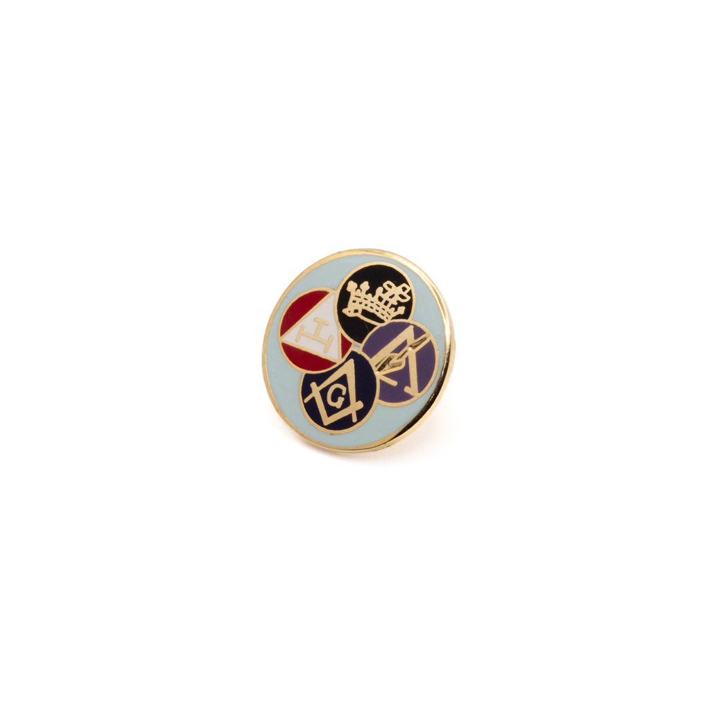Round pin with multicolored masonic symbols on a white background