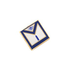 Masonic apron shaped pin with blue border on a white background