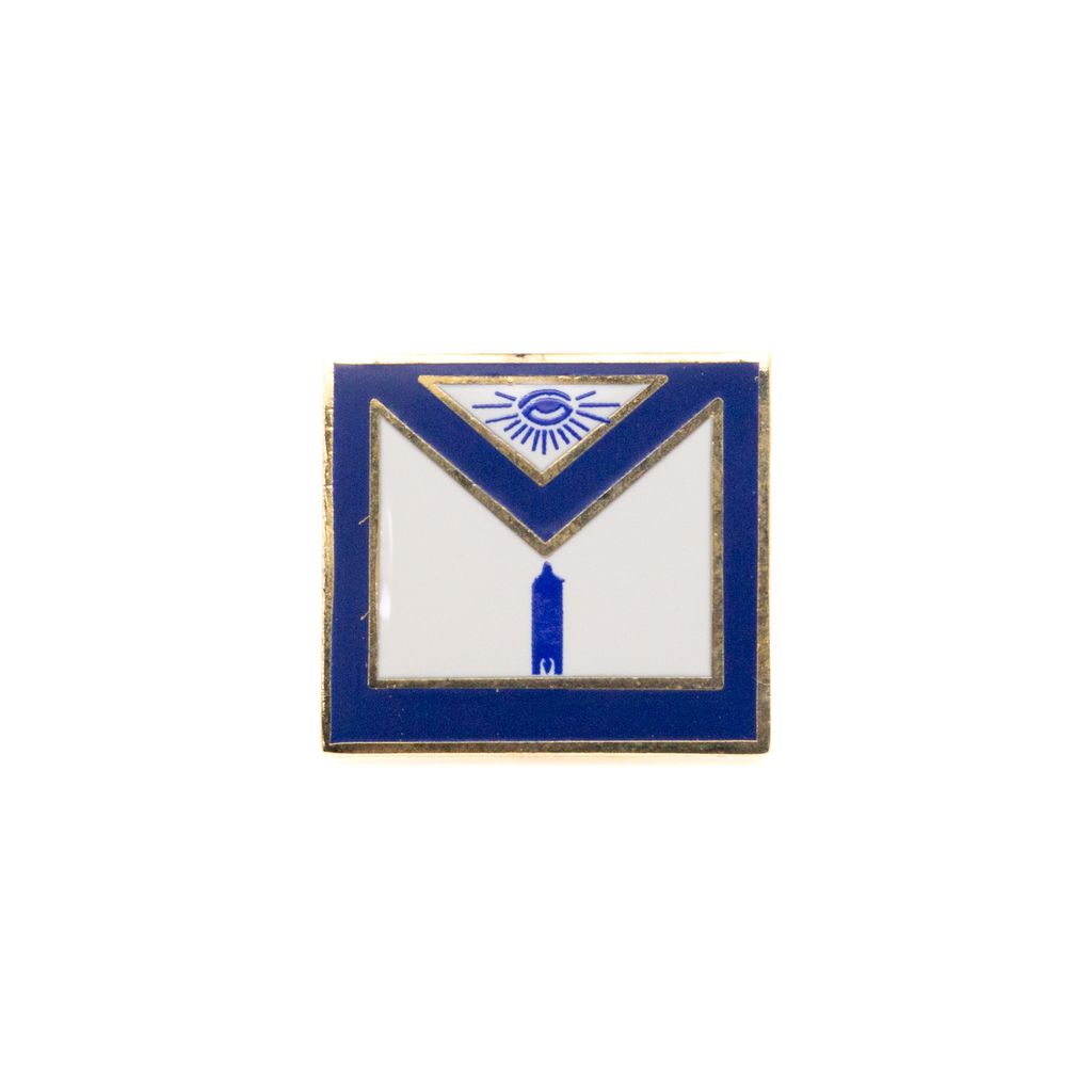 Masonic apron shaped pin with blue border on a white background