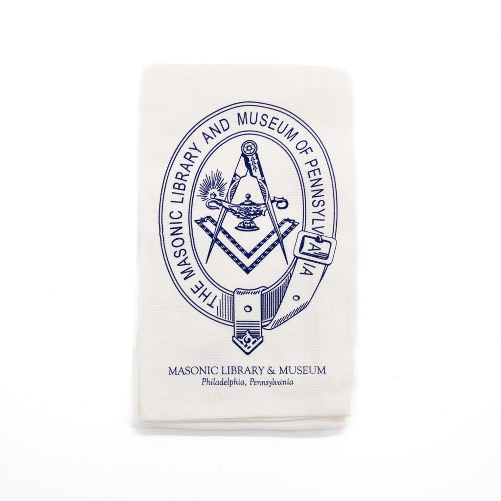 White towel with Masonic Library and Museum of Pennsylvania logo on a white background