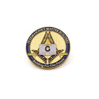Circular blue and gold design with square and compass and text, 'Freemasonry Master Builders Building For Our Future' on a white background