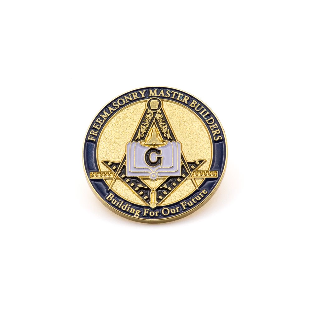 Circular blue and gold design with square and compass and text, 'Freemasonry Master Builders Building For Our Future' on a white background