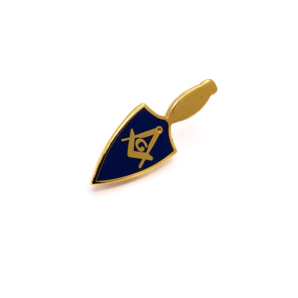 Gold Square and Compass on a blue and gold trowel-shaped lapel pin against a white background