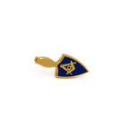 Blue and gold trowel-shaped lapel pin with square and compass on a white background