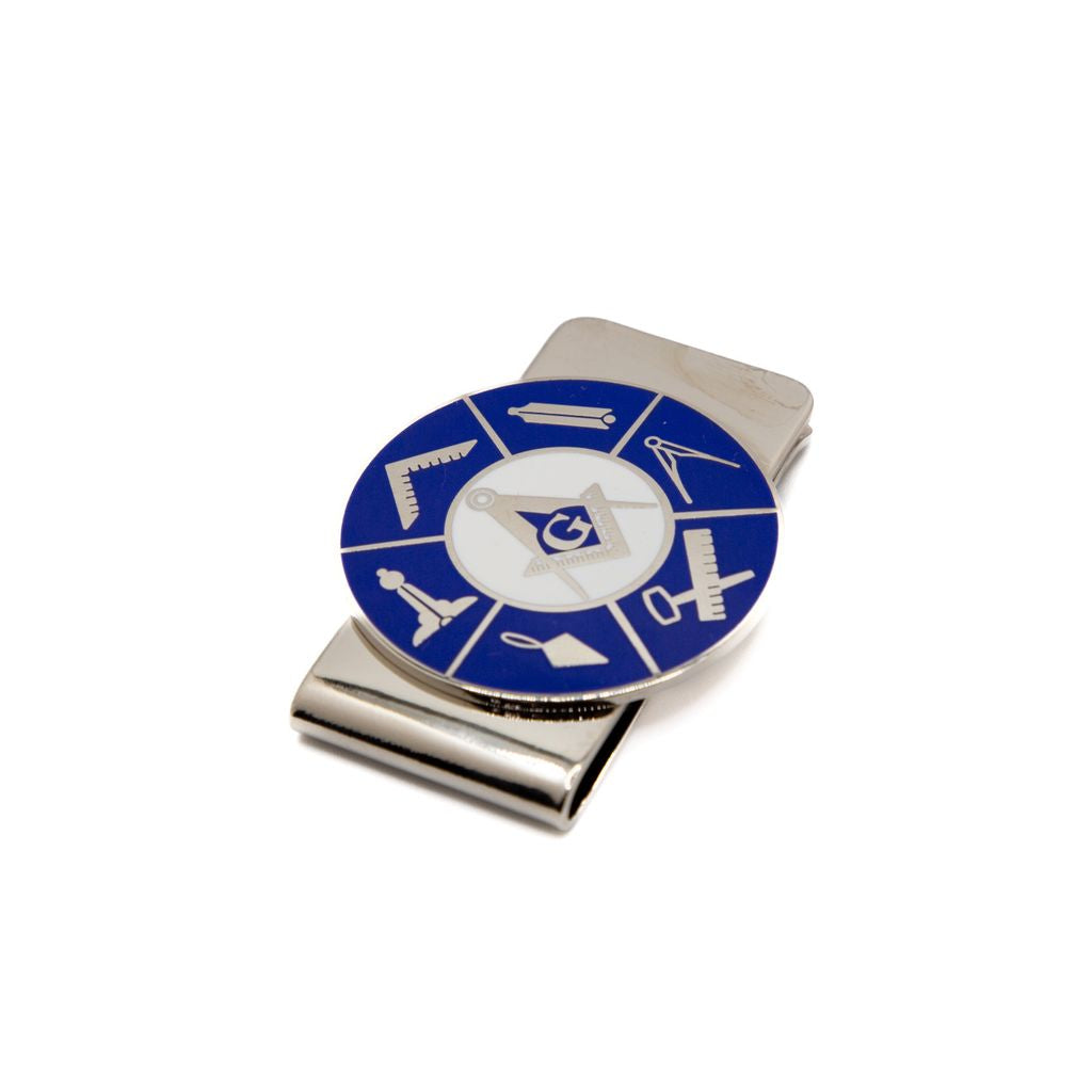 Money clip with blue, white and silver Masonic design on a white background. Design features tools with Square and compass in the center.