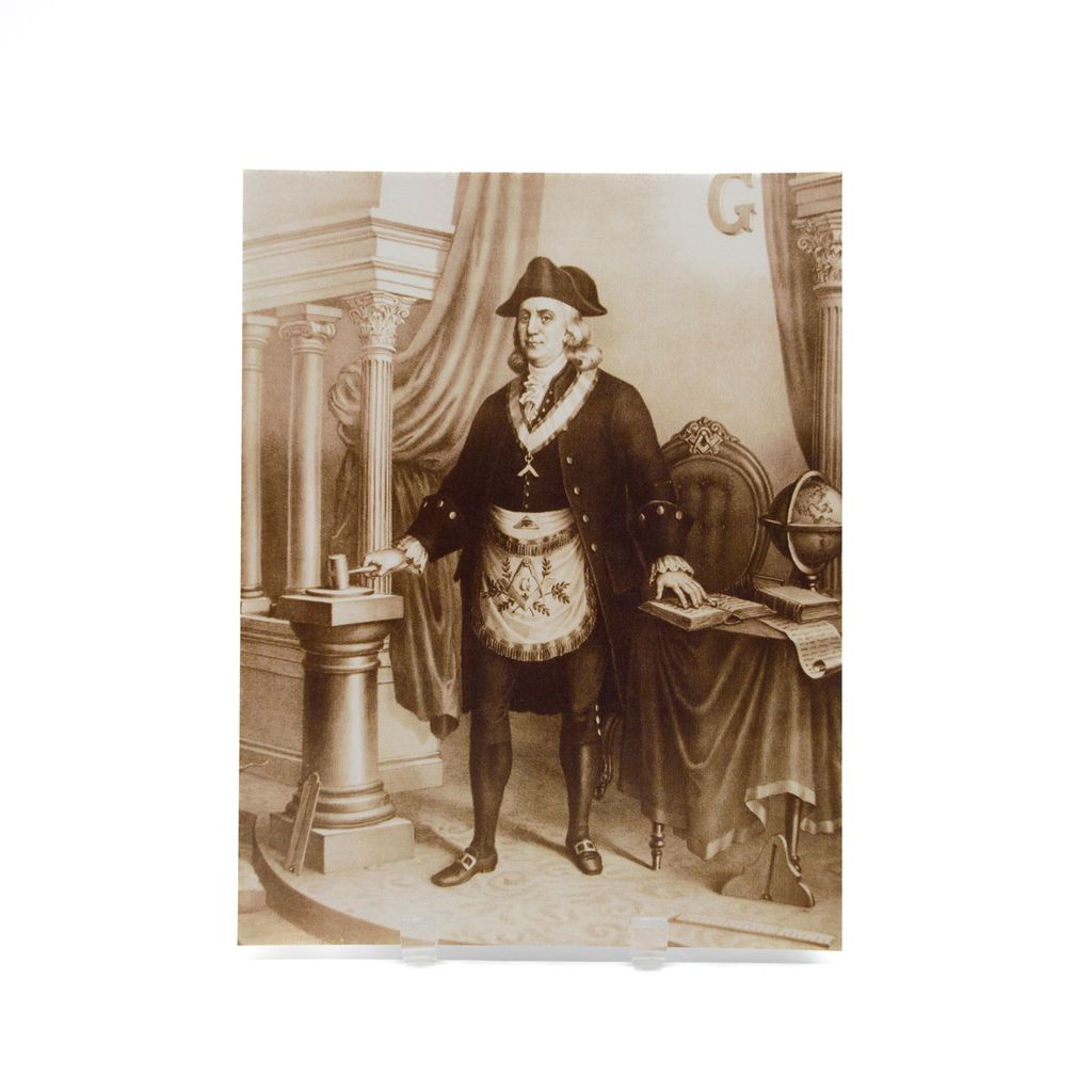 Vintage-style illustration of Benjamin Franklin in Masonic attire standing in an interior setting.