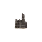 Silver-colored pin of 3-D cutout of the Masonic Temple, Library & Museum building on a white background.