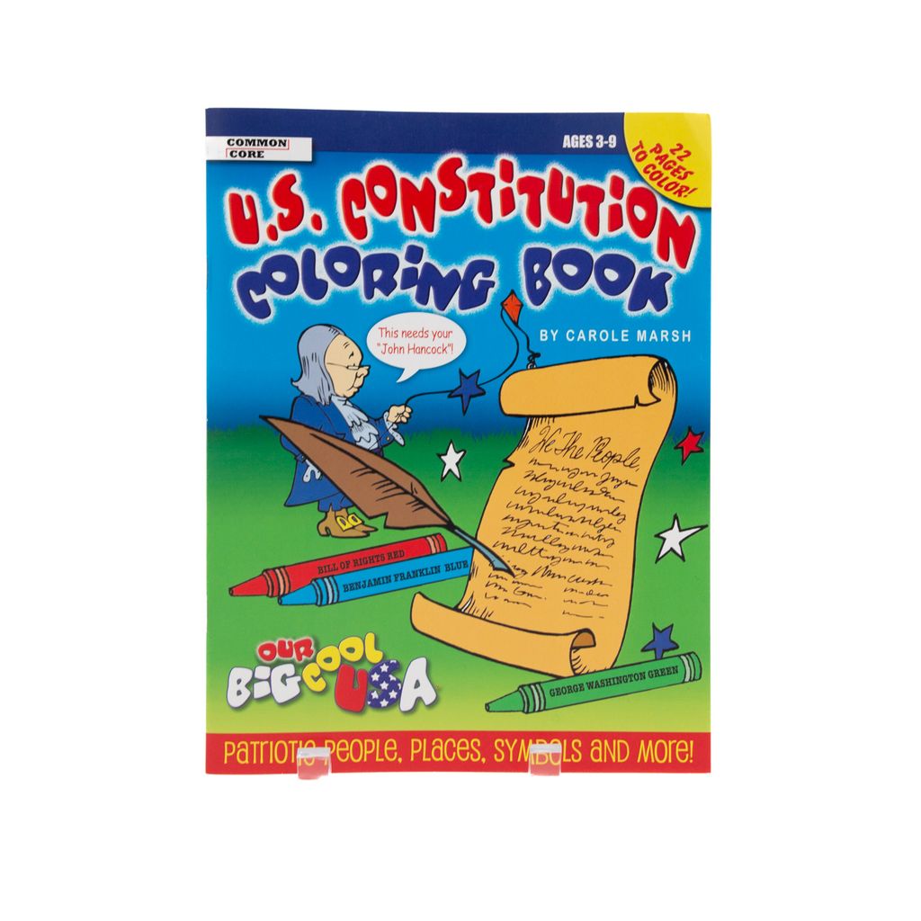U.S. Constitution coloring book with a cartoon illustration on a blue background.