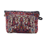 Decorative clutch bag with intricate colorful patterns on a white background.